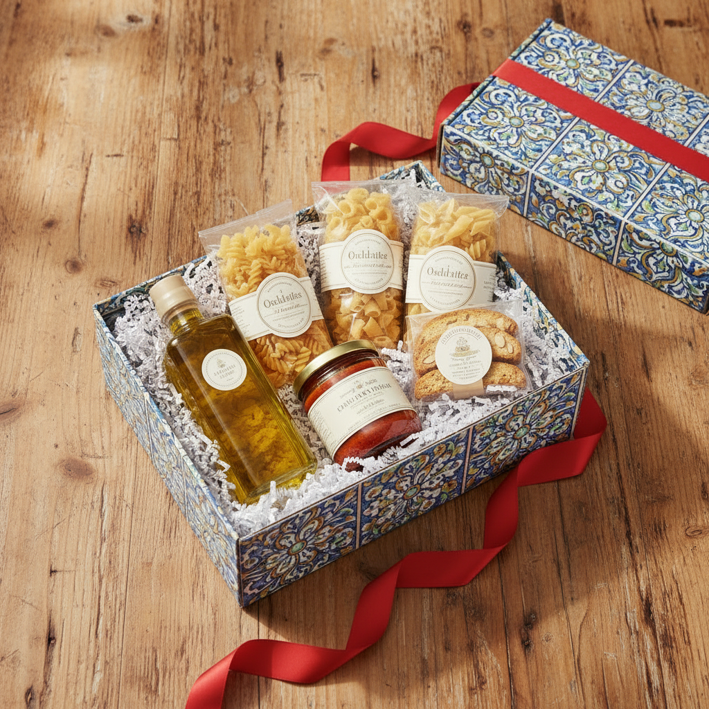 Italian food subscription box on wood table