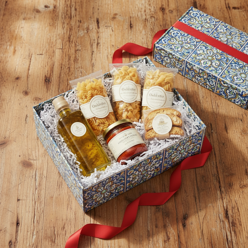 Italian food subscription box on wood table