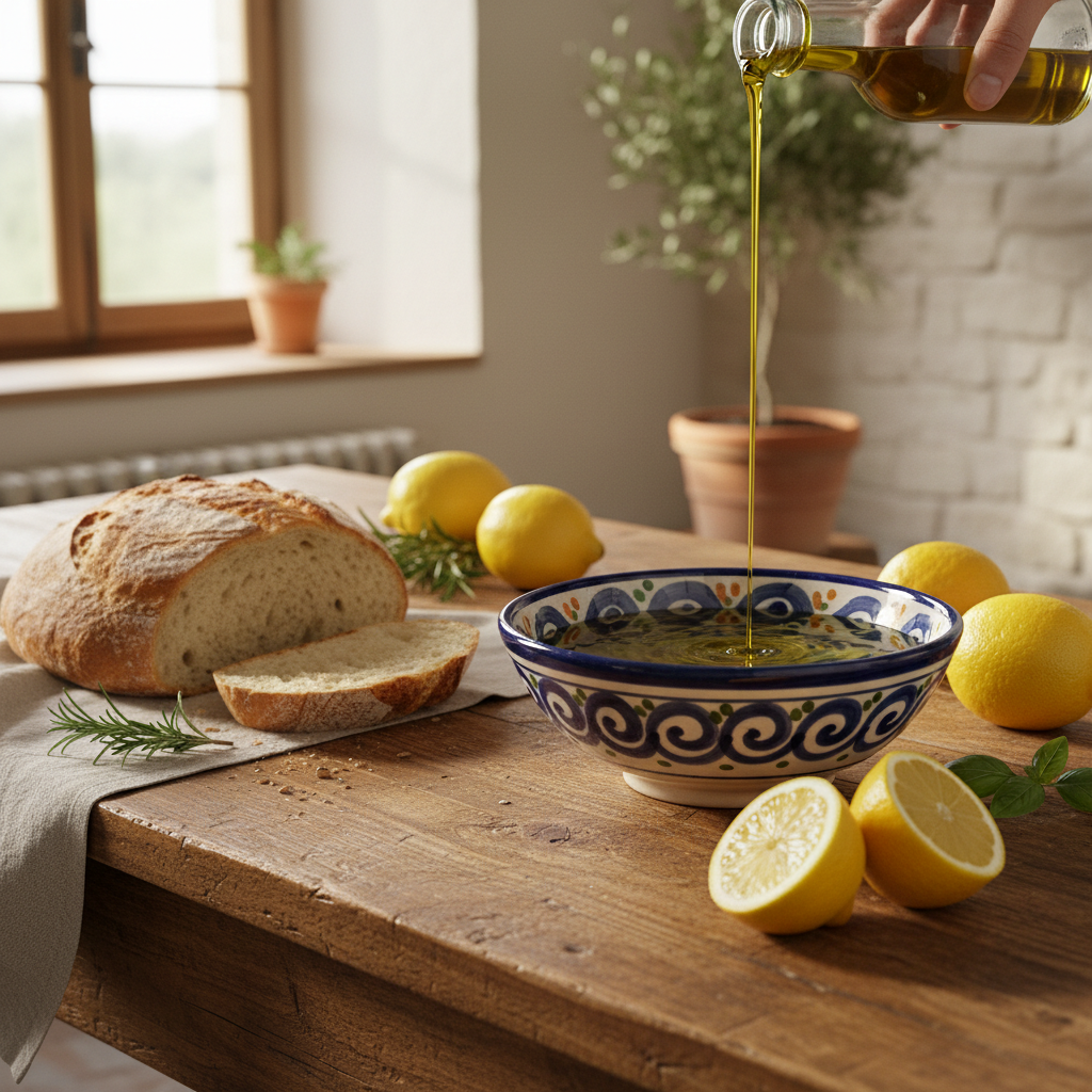 Olive oil ceramic dish lemons Italian bread